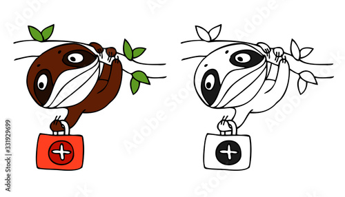 Sloth has wearing face mask. Cute illustration of sloth - doctor. Vector illustration for concept quarantine and illness treatment coronavirus. Illustration for pediatrician, pediatric ward hospital.