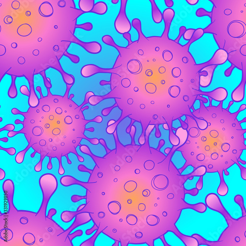 Coronavirus symbol outbreak and coronaviruses influenza seamless pattern. Vector illustration. Coronavirus 2019-nCoV. Pandemic medical health risk, immunology, virology, epidemiology concept.