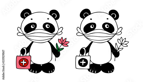 Panda has wearing face mask. Cute illustration of panda - doctor. Vector illustration for concept quarantine and illness treatment coronavirus. Illustration for pediatrician, pediatric ward hospital.