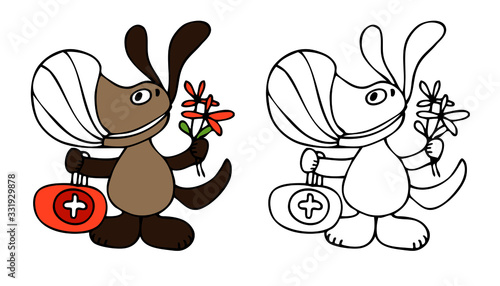 Dog has wearing face mask. Cute illustration of dog - doctor. Vector illustration for concept quarantine and illness treatment coronavirus. Illustration for pediatrician or pediatric ward hospital.