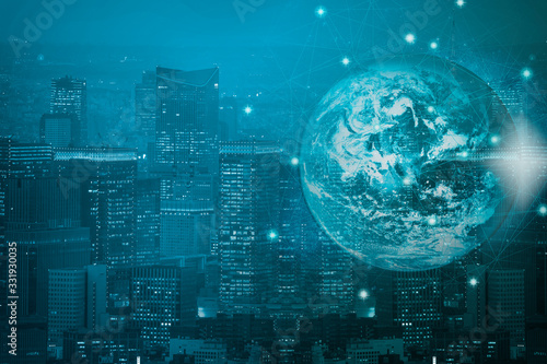 Double exposure technology global network connection and communications concept on city background. Element of this images furnished by NASA.