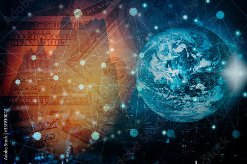 Double exposure digital networking technology on Money and financial city background. Concept of future business trend. element of this images furnished by NASA.