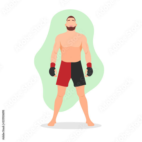 Standing muscular MMA fighter. Martial arts tournament or competition winner. Tough competitor concept. Wrestler with beard. Brazilian Jiu Jitsu. Karate master - Flat character vector illustration.