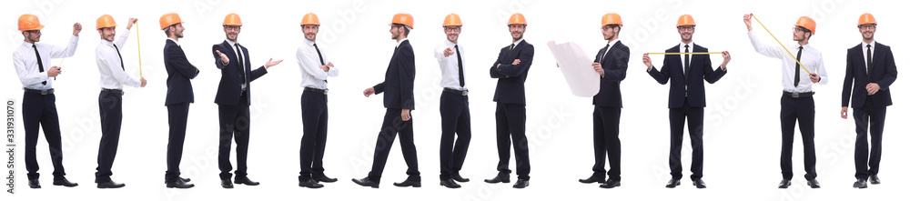 panoramic photo collage of confident architect isolated on white panoramic photo collage of confident architect isolated on white