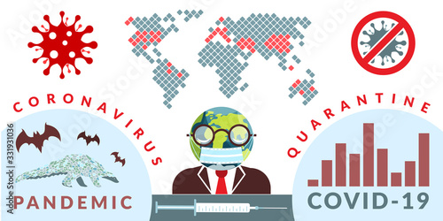 Covid-19. Vector infographics illustration of global news about coronavirus pandemic with eath globe shaped head man and map of infected area