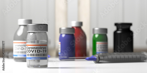 Covid 19 Coronavirus Vaccination. Medical injection syringe and vials with vaccine background. 3d illustration