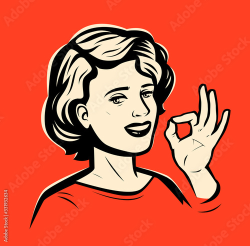 Beautiful girl shows hand gesture OK. Retro comic pop art vector illustration