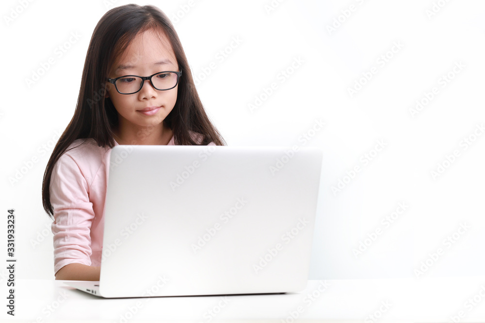 Portrait of attractive young asian girl using laptop isolated on white background Portrait of attractive young asian girl using laptop isolated on white background