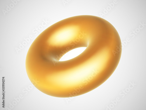 3D golden torus isolated on white background. Glamorous and luxury golden decoration element. Vector illustration of torus geometric shape.