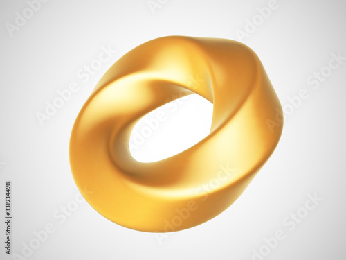 3D golden deformed torus isolated on white background. Glamorous and luxury golden decoration element. Vector illustration of torus geometric shape.