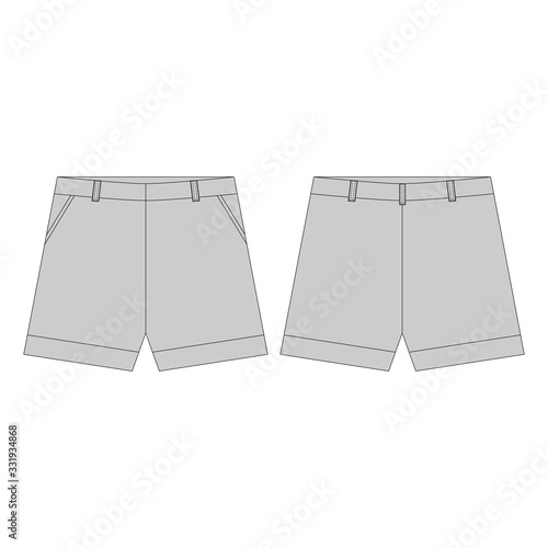 Shorts pants in gray colors for girls isolated on white background. Technical sketch sportswear kids clothes..