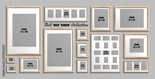 Full collection of IKEA Ribba photo frames. Real sizes. Vector set of wooden picture frames with white passepartout