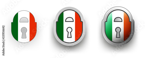 Set of 3 vector labels of Ireland  locked padlock, flat and volumetric style in flag colors green, orange, white for poster, flyer