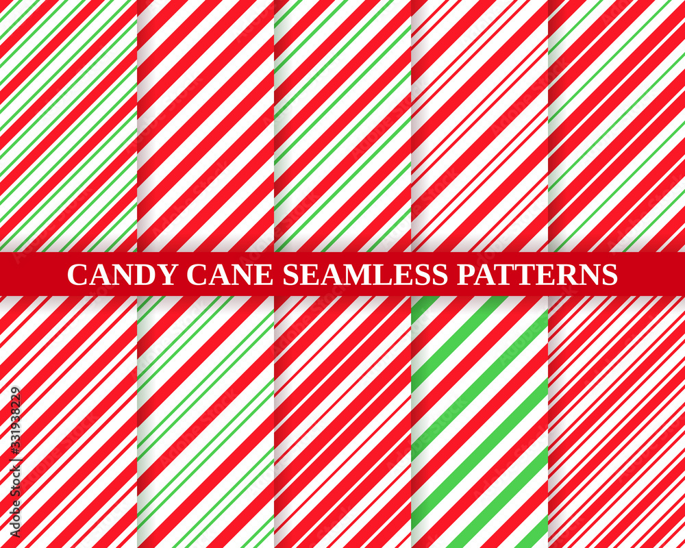 Candy cane stripe pattern. Vector. Seamless Christmas background. Red green peppermint diagonal lines. Xmas traditional wrapping texture. Set cute caramel package prints. Geometric illustration. Candy cane stripe pattern. Vector. Seamless Christmas background. Red green peppermint diagonal lines. Xmas traditional wrapping texture. Set cute caramel package prints. Geometric illustration.