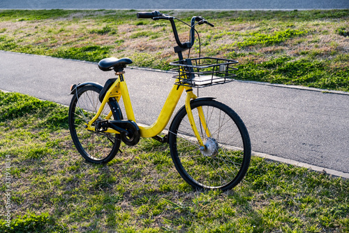 Yellow bike on green grass. Rental transport. Bicycle basket.
