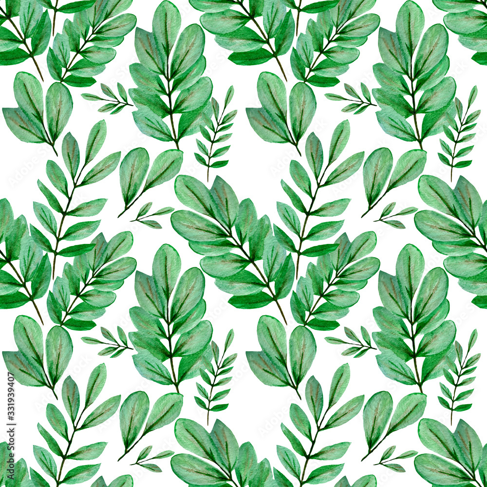 seamless pattern of watercolor green leaves for textile or paper design
