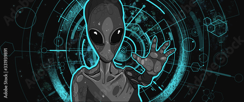 Silhouette of alien and bright light in background. 3D rendered illustration.