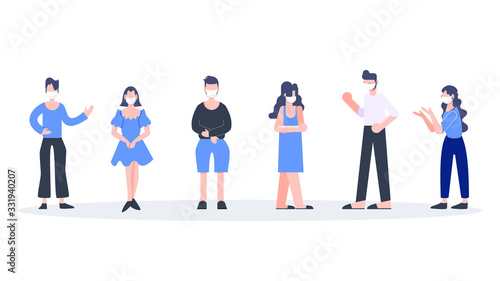 Group of people wearing masks fight covid-19 coronavirus pandemic quarentine concept. Flat design abstract people vector.