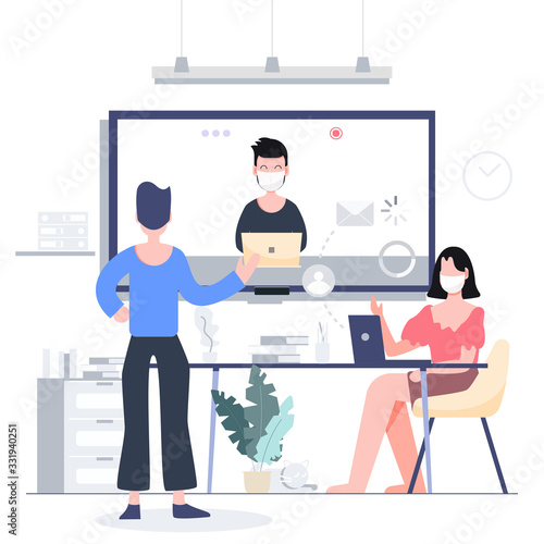 Work from home stay at home teleconference for business locked down. Covid-19 coronavirus outbreak concept. Flat design abstract people.