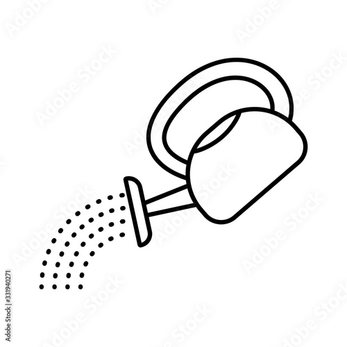 Garden watering can with stream of water. Linear icon of irrigation. Black simple illustration of gardening tools, plant care. Contour isolated vector image on white background