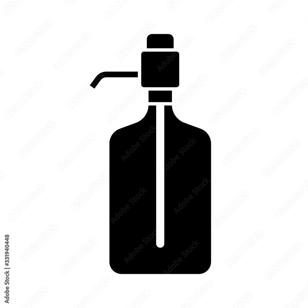Silhouette big water bottle with manual pump. Outline icon of dispenser with button. Black illustration of clear plastic bottle for liquid. Flat isolated vector on white background. Office or home use