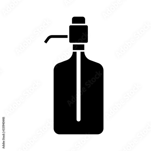 Silhouette big water bottle with manual pump. Outline icon of dispenser with button. Black illustration of clear plastic bottle for liquid. Flat isolated vector on white background. Office or home use