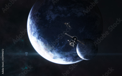 Fototapeta Naklejka Na Ścianę i Meble -  Space station on background of planets in deep space. Science fiction. Elements of this image furnished by NASA