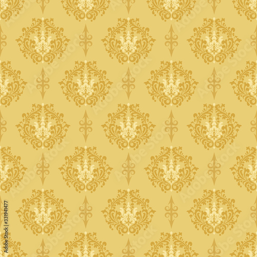 Damask seamless pattern, gold background, texture, vintage wallpaper, vector graphic