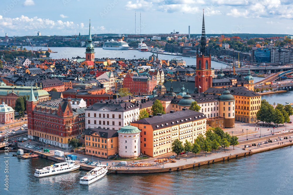 Scenic summer aerial view of Gamla Stan in the Old Town in Stockholm, capital of Sweden