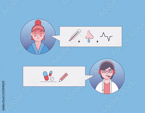 Online doctor and patient consultation by chat. Text bubbles speech represent telemedicine physician. Online diagnosis, prescription and disease control. Medical services by internet, flat line style