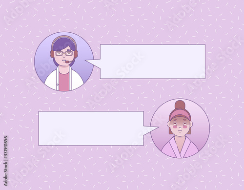 Online doctor and patient consultation by app or messenger. Telemedicine physician service. Blank bubbles speech - vector isolated template, copy space for text. Pastel pink palette, linear flat style
