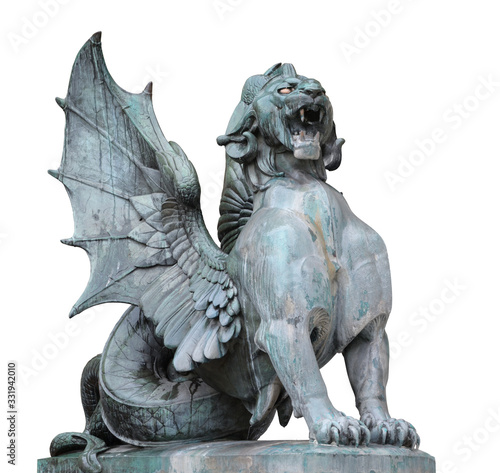 Dragon in front of Fontaine Saint-Michel (Paris), isolated on white