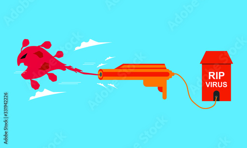 Vector illustration of a character sucking a virus to shreds and dying with a vacuum
