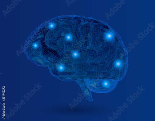 Low poly brain with barrier wireframe on blue BG