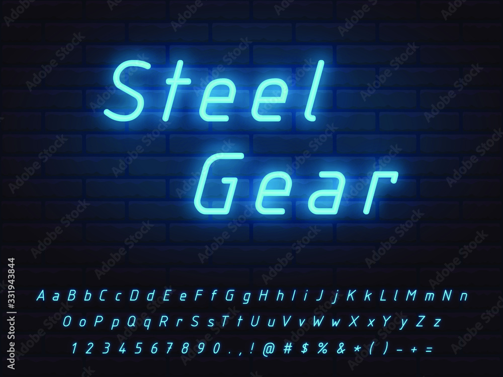 bright blue neon font set technical style with transparent glow on a brick background. collection of letters numerals icons signs symbols for advertising web graphic design bright blue neon font set technical style with transparent glow on a brick background. collection of letters numerals icons signs symbols for advertising web graphic design