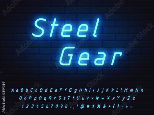 bright blue neon font set technical style with transparent glow on a brick background. collection of letters numerals icons signs symbols for advertising web graphic design