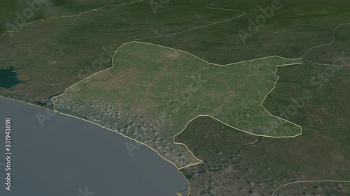 Bomi, county with its capital, zoomed and extruded on the satellite map of Liberia in the conformal Stereographic projection. Animation 3D photo