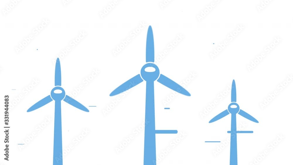 Wind turbines with rotating blades, animation with wind turbines and wind in air on white background, green alternative energy and clean electricity production symbol Wind turbines with rotating blades, animation with wind turbines and wind in air on white background, green alternative energy and clean electricity production symbol