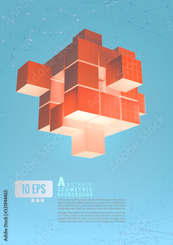 Orange abstract geometric cube set on blue BG
