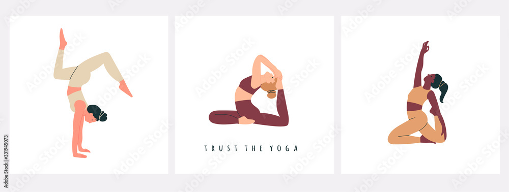Fototapeta premium Set of women wearing sportswear doing Yoga. Girls in colorful clothes working out. Hand drawn colored Vector illustrations. Weight Loss. Health care and lifestyle concept. Calmness and relax