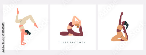Set of women wearing sportswear doing Yoga. Girls in colorful clothes working out. Hand drawn colored Vector illustrations. Weight Loss. Health care and lifestyle concept. Calmness and relax
