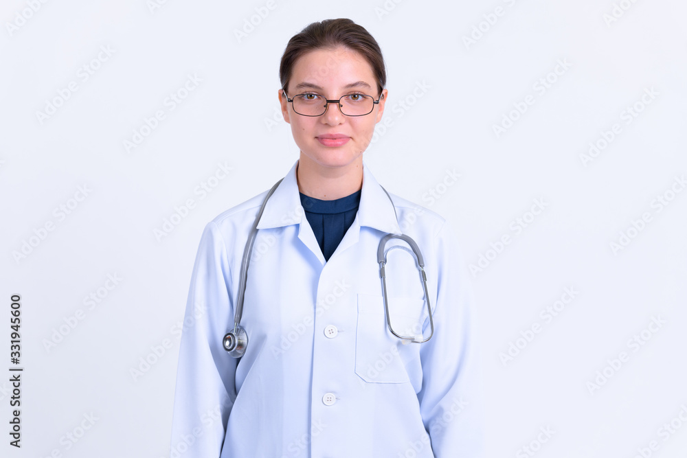 Portrait of young beautiful woman doctor with eyeglasses Portrait of young beautiful woman doctor with eyeglasses