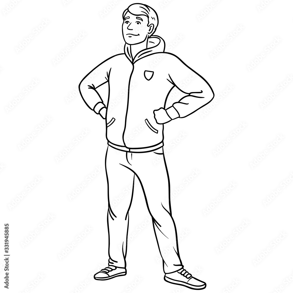 proud young man with hands on hips and smiling. outline drawing, character, school.