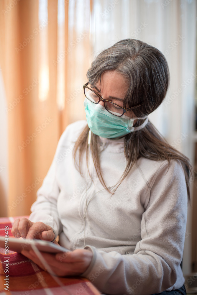 Sick woman of corona virus with tablet
