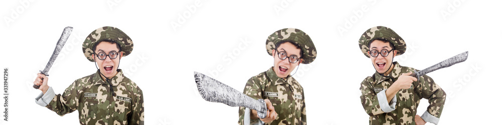 Funny soldier with knife on white Funny soldier with knife on white