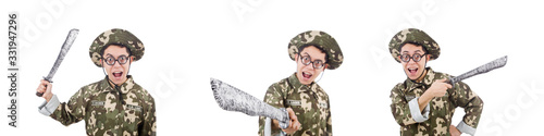 Funny soldier with knife on white