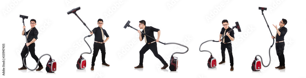 Man with vacuum cleaner isolated on white Man with vacuum cleaner isolated on white