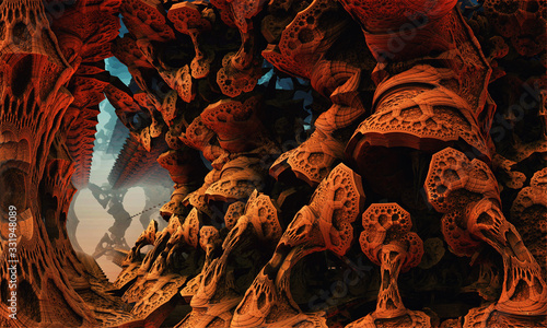 Fantastic, surreal landscape of another planet. Rocks, tunnel. 3D render