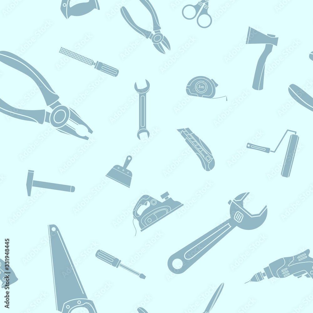 Work tool - Vector background (seamless pattern) of silhouettes hammer, wrench, screwdriver, pliers, spanner, drill, axe and knife for graphic design Work tool - Vector background (seamless pattern) of silhouettes hammer, wrench, screwdriver, pliers, spanner, drill, axe and knife for graphic design