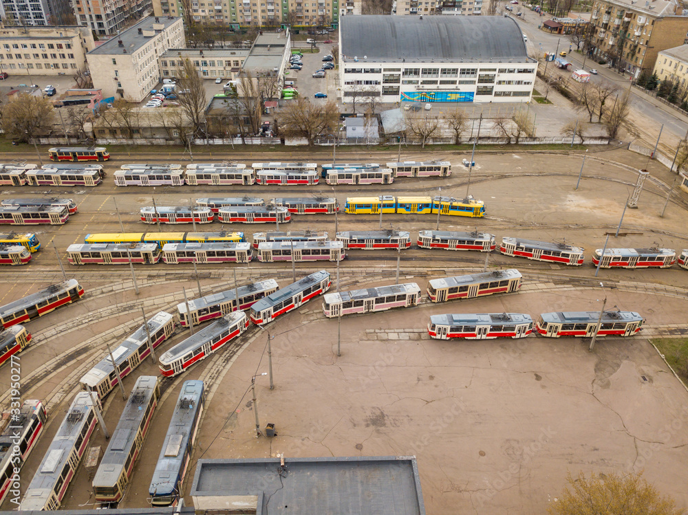 Trams on the territory of the tram electric depot in Kiev. Aerial drone view.